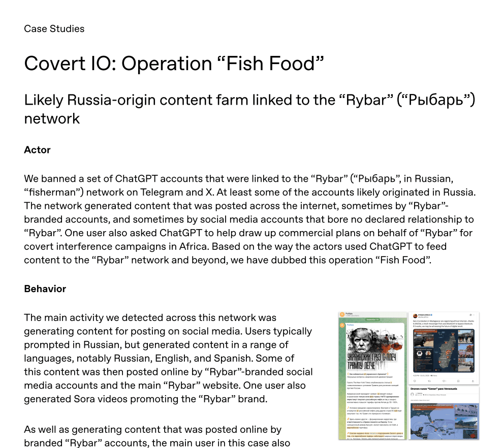Скриншот отчёта OpenAI: Covert IO — Operation Fish Food / Rybar